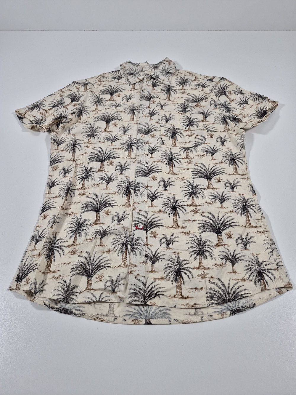 Gustin Shirt Mens L Beige Palm Tree Hawaiian Cotton Short Sleeve Button Up USA